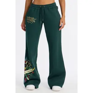 Ed Hardy Rhinestone Heart Fleece Pants - Hunter Green X
