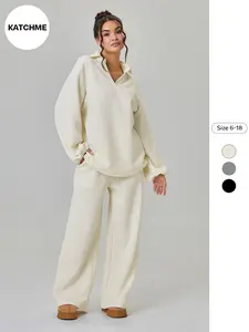 Women's Slouchy Solid Color V-Neck Loose Knit Textured Pullover Top & Drawstring Waist Trousers Co-ord