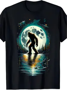 Men'S Sasquatch Graphic Heavyweight T-Shirt - Relaxed Fit Crew Neck Short Sleeve Featuring Full Moon & Trees Design, Available in Plus Sizes, Ideal for Casual Summer Outings And Outdoor Activities