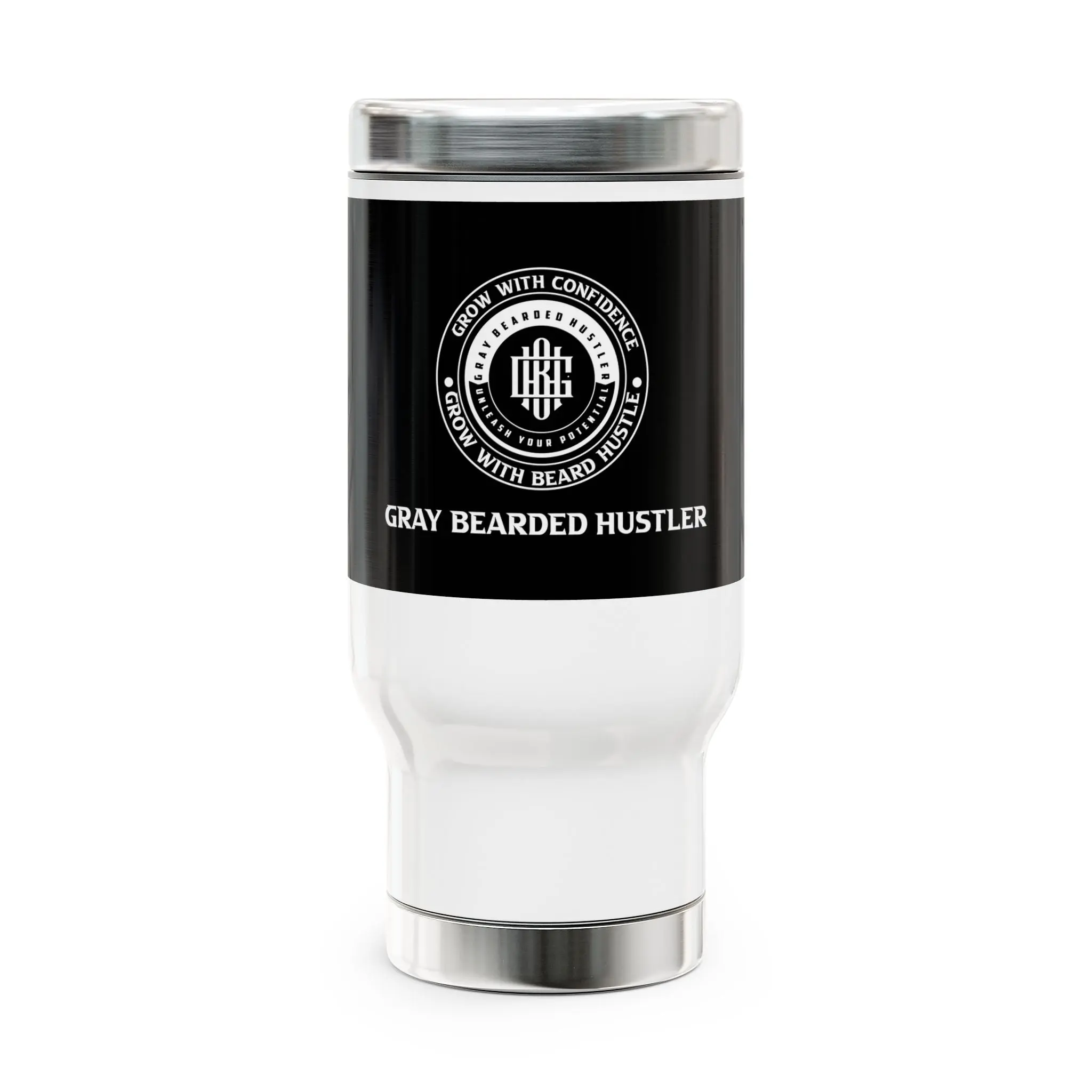 Gray Bearded Hustler Stainless Steel Travel Mug with Handle, 14oz
