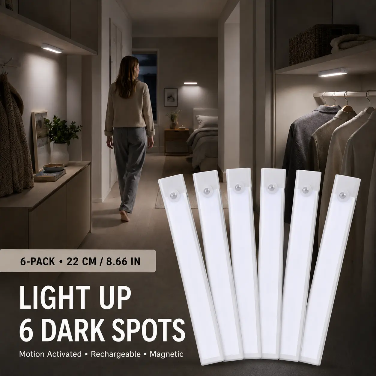 6-Pack Motion Sensor Lights, 8.66-Inch Rechargeable LED Lights with 3 Brightness Levels and Magnetic Mounting for Closet, Hallway, Stairs, Bedside, Laundry Room and Storage