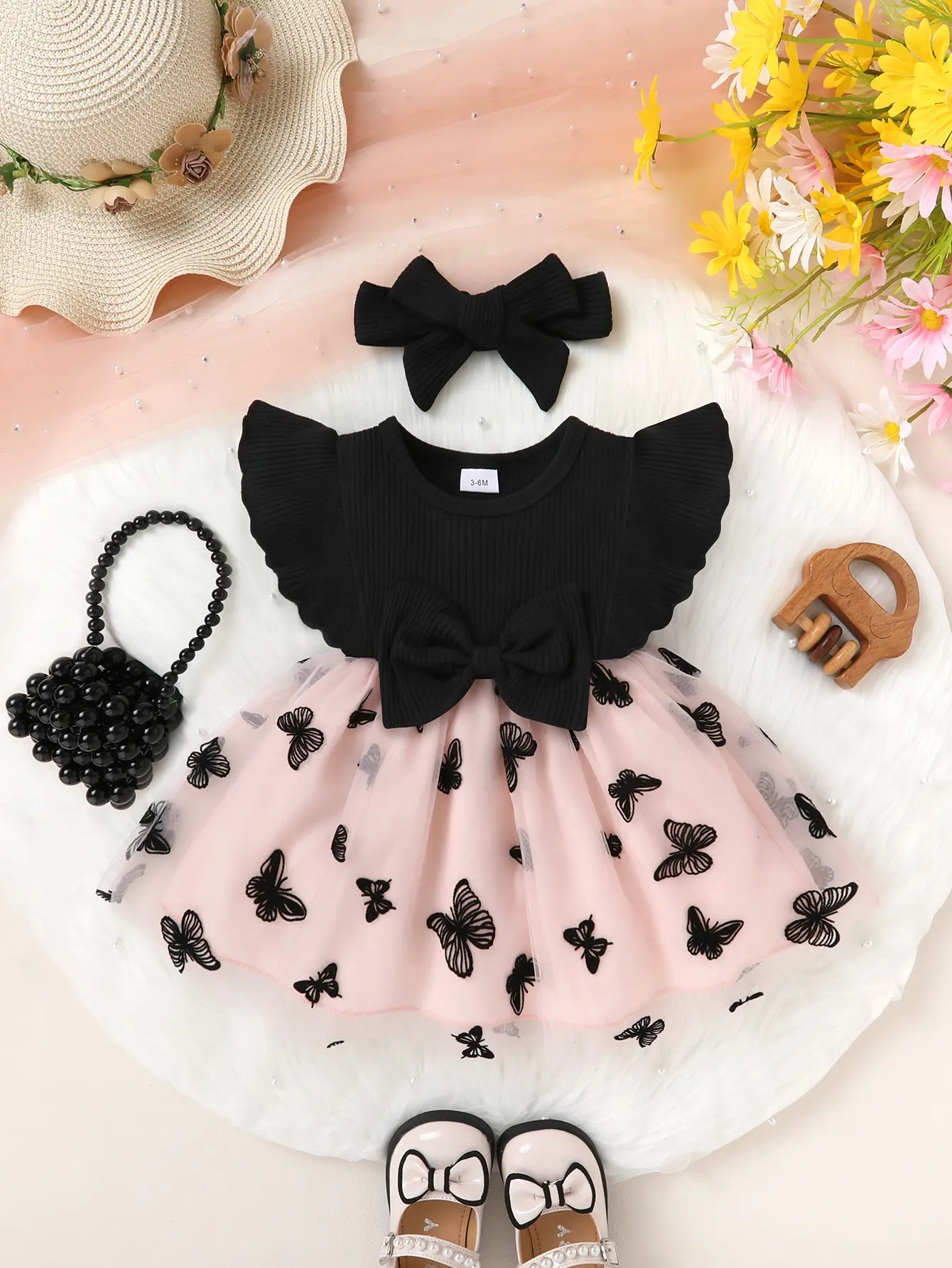 Baby Girl 2-Piece Set Soft Comfortable Fashionable Cute Design Bow Decoration Ruffle Edge Splicing Floral Embroidery Mesh Princess Dress And Headband Baby Clothing Baby Clothes Girl