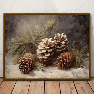 1pc Vintage Rustic Christmas Pinecone Art Print Poster - Moody Holiday Wall Decor, Frameless Canvas for Home Office, Living Room, Kitchen, Bedroom - Seasonal Pine Cone Illustration with Snowy Background, Festive Room Accent | Vintage