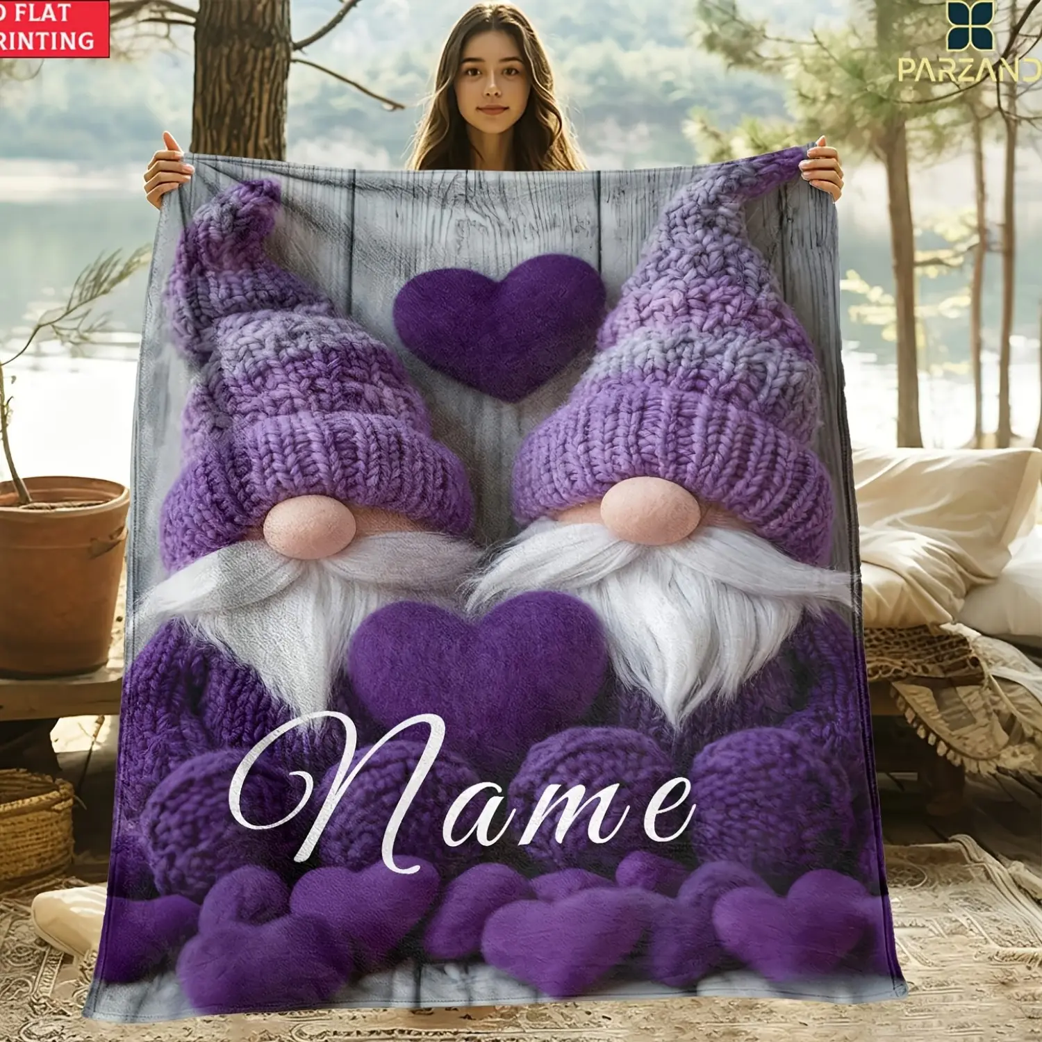 1pc Custom Name Purple Gnomes, Hearts "Love". Portable Blanket - Lightweight Throw for Sofa Bed Travel Camping, Living Room Office Couch Chair, And Bed - Digital Printing Blanket with Soft And Warm Fabric Winter Warmth
