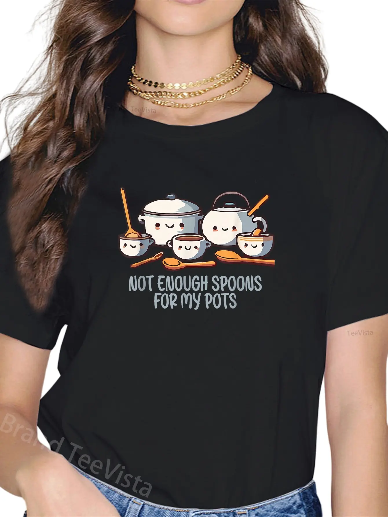 Lady's 100% Cotton Short-Sleeve Casual Everyday Graphic T-Shirt, Featuring "Not Enough Spoons For My Pots" POTS Syndrome Quote, Shortsleeve, Round Neck, Top, Tshirt, Women, Vintage