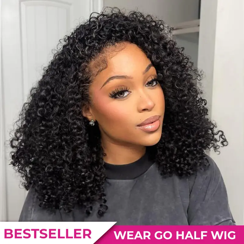 ISEE HAIR Invisible Hairline Wear Go Kinky Curly Half Wig InvisiFit Strap Glueless Human Hair Wigs No Lace Seamless Flip Over Wig With Draw-strings Updo Down Style Beginner-friendly Vacation Hair #SummerWins #DealsForYouDays