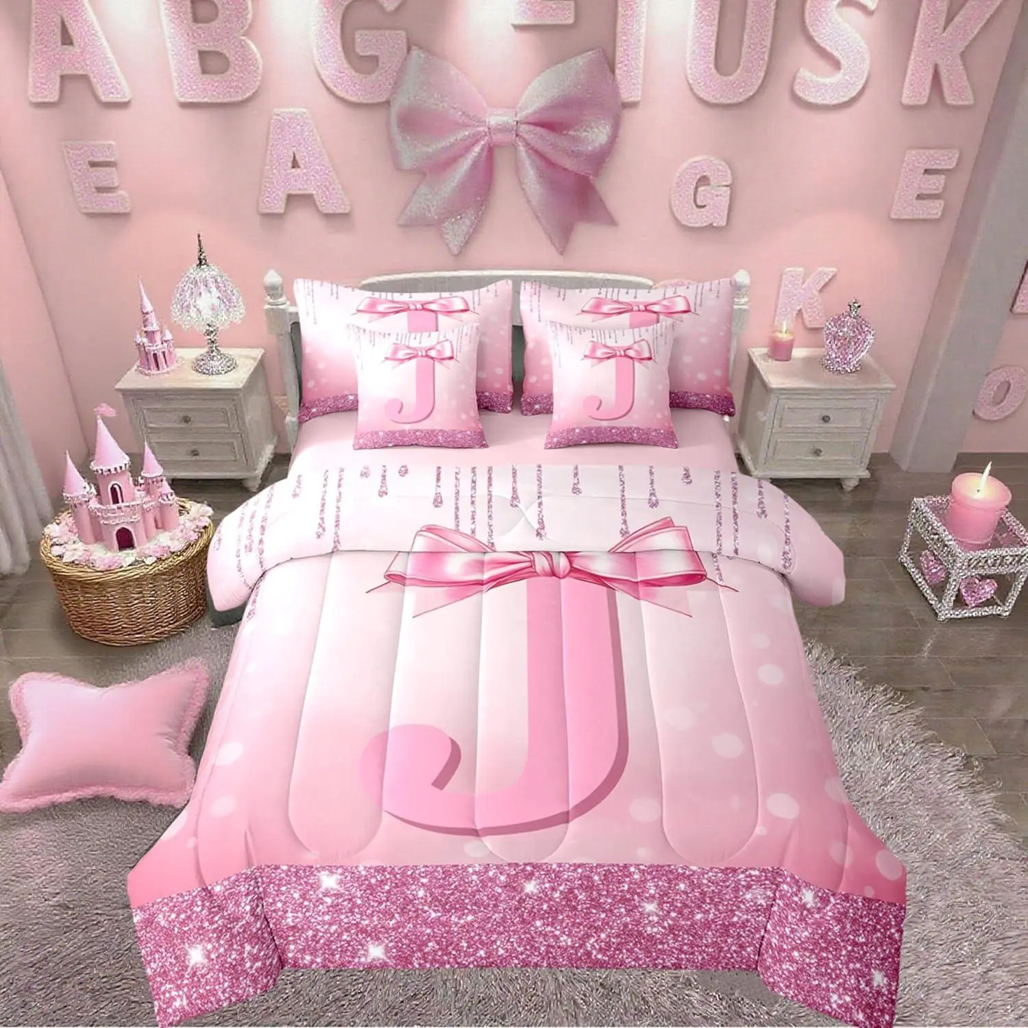 Feelyou 7-Piece Pink Bowknot Princess Room Kids Bedding Set - Personalized Monogrammed Glam Glitter Bow, Soft Breathable Silky Sheets, Cozy Blanket, Cute Bedding Set for Girls' Gifts (Halloween, Valentine's Day Cozy Bed Setup Collections), Thanksgiving, F