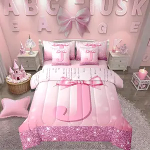 Kids Pink Bowknot 7 Pieces Bedding Set,Teens Girls Princess Initial Bed Set with Sheets,Monogrammed Glitter Bow Bed Bag,Personalized Bed Set