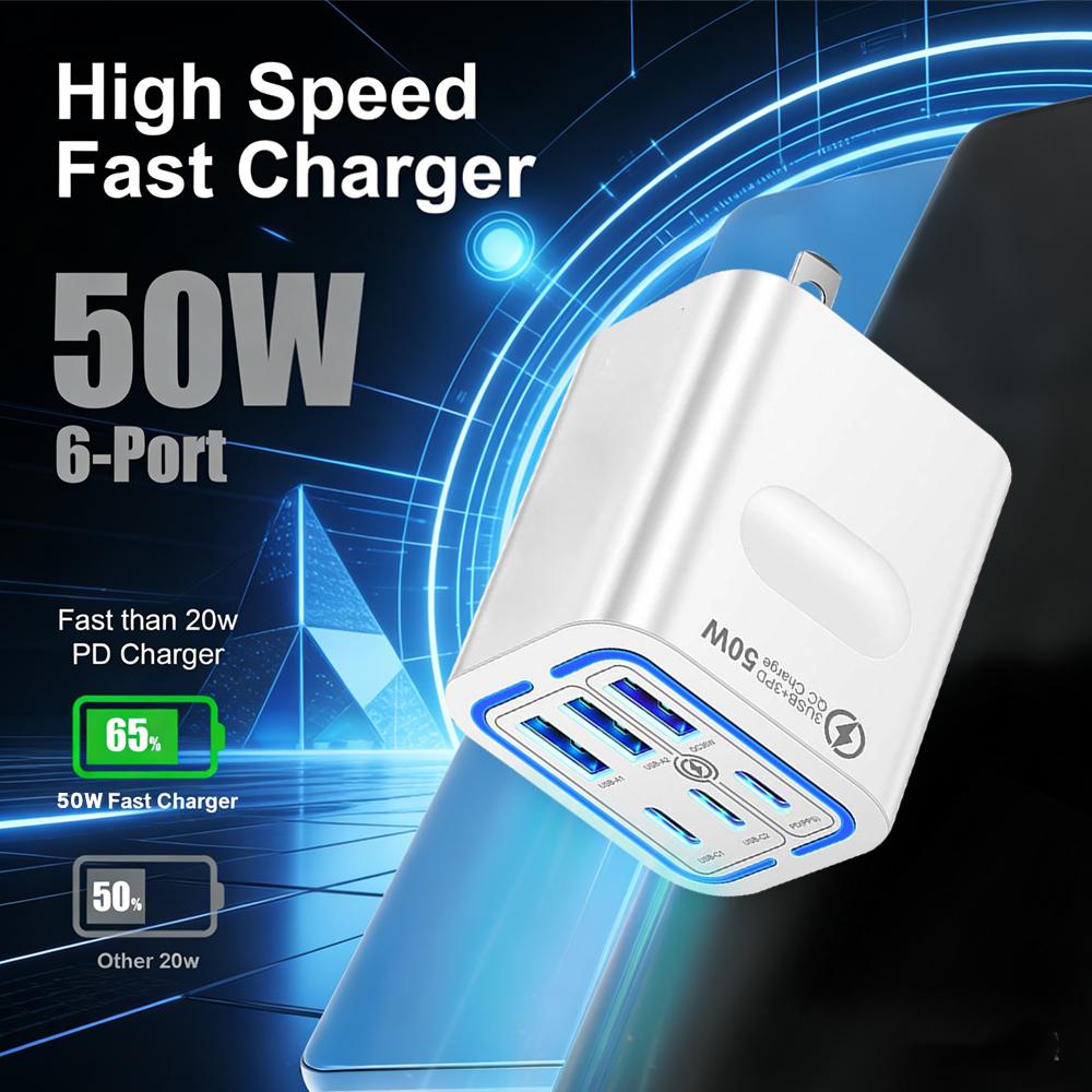 KAXOE 2pcs 50W 3 Type-C + 3 USB 6 Ports Mobile Phone Fast Charging Adapter USB Type C QC 3.0 Qiuck Charge Adapter Travel Charger Wall Charger for iPhone 17 Pro Max 16 15 14 13 12 for Samsung KAXOE 2pcs 50W 3 Type-C + 3 USB 6 Ports Mobile Phone Fast Charging Adapter USB Type C QC 3.0 Qiuck Charge Adapter Travel Charger Wall Charger for iPhone 17 Pro Max 16 15 14 13 12 for Samsung