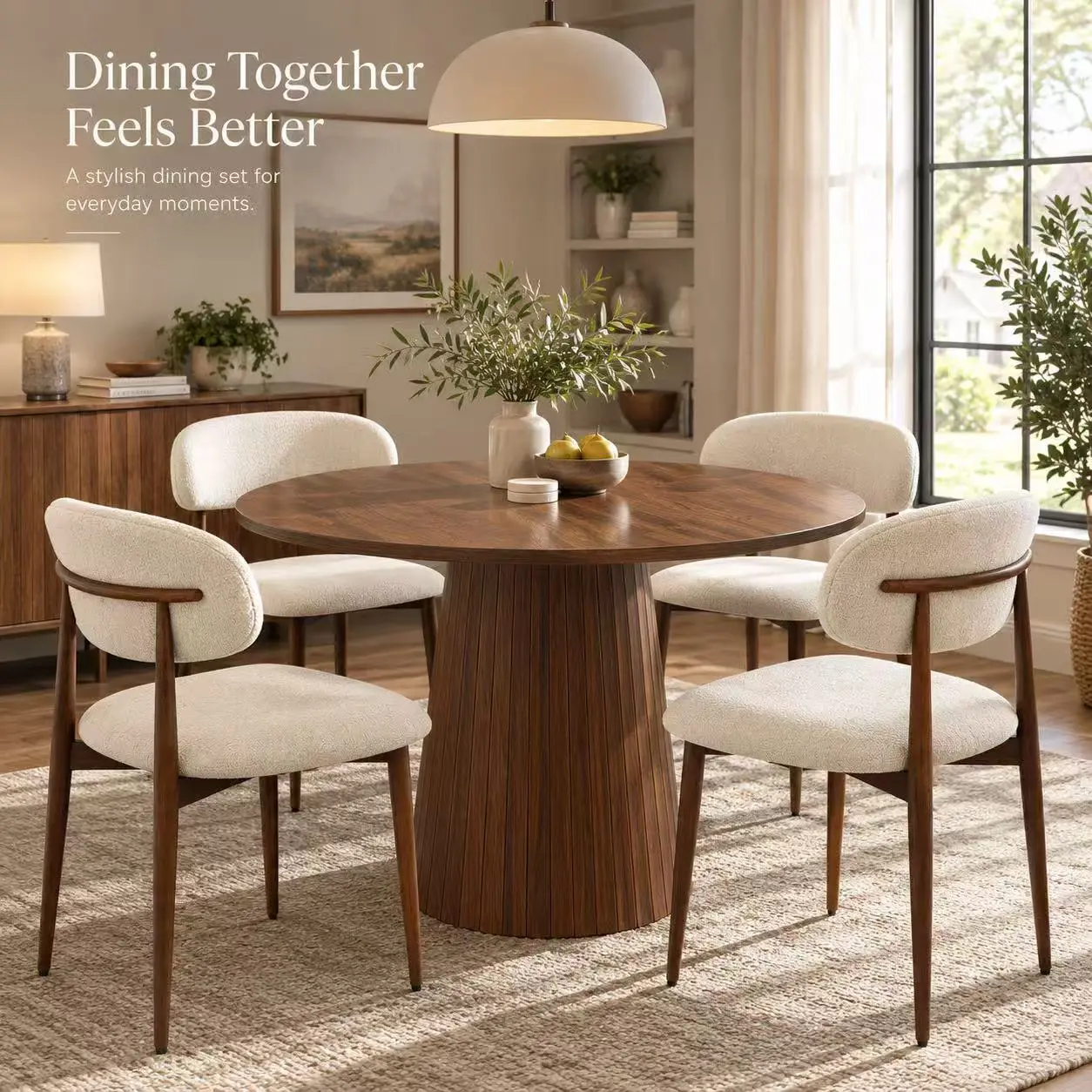 Modern Farmhouse 5-Piece Round Dining Table Set (4 Seats) - 47" Walnut Finish Table with Wood Strip Base, 4 Cream Chenille Cushioned Chairs with Metal Legs, Ergonomic, Sturdy Piece Set Dining Room Furniture for Home Kitchen, Four Seats