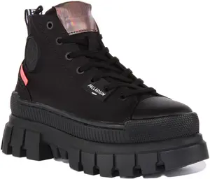 Palladium Revolt Hi Tx Sneaker Boots 97242-010 S14 Black Womens Shoes with Chunky Sole Reflective Detail Vegan Cotton Canvas Upper