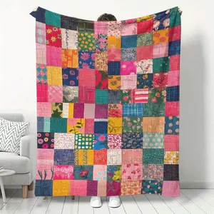 A vibrant patchwork pattern flannel blanket - soft and comfortable with floral and geometric designs, suitable for beds, sofas, offices, camping - medieval style, comfortable for all seasons