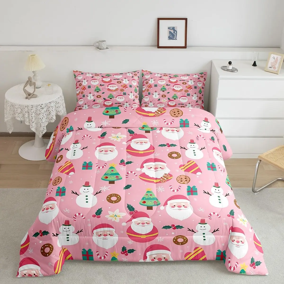Feelyou Christmas Santa Quilt Bedspread Set - Digital Printing Queen Size, Multi-Size Option, Cute Snowman Duvet, Xmas Tree, Snowflake, Candy Decor, Pink Holiday Gift for Girls, Bedroom Accessories