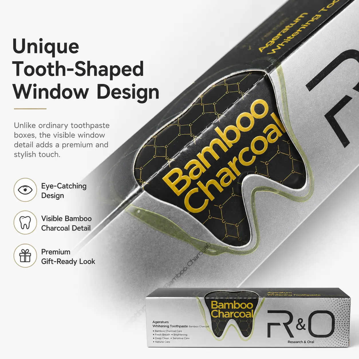 Bamboo Charcoal Dental Care Toothpaste Tube - 3.5 oz (100g), Premium Tooth-Shaped Window Box, 2 Years Shelf Life, Oral Brightening, Tooth Stain Remover, Deep Cleaning, Minty Freshness for Daily Oral Care