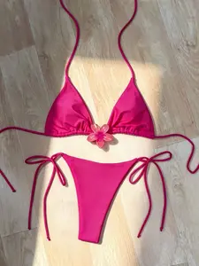 Rose Red New Bohemian Elegant Chest 3D Flower Backless Lace Up Triangle Cup Split Bikini Two-Piece Set, Suitable For Spring And Summer Beach Vacations, Pool Parties, Graduation Ceremonies, Birthdays, And Dance Fashion Swimwear