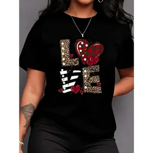 LOVE heart pattern printed short-sleeve crew neck casual T-shirt