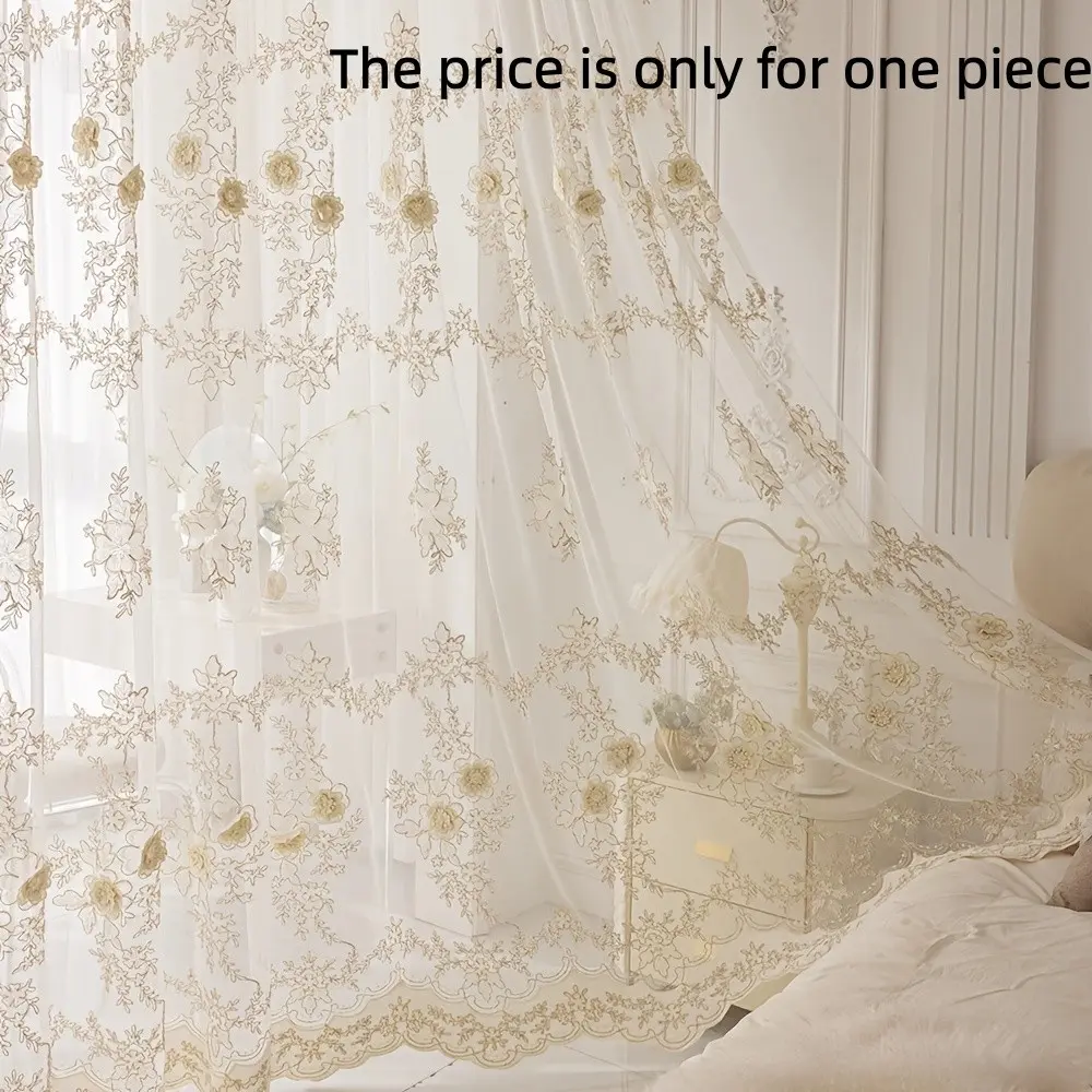 1PC 3D Embroidered Floral Lace Window Hanging Curtain, Elegant European Style, with Beaded Tiebacks, Suitable for Bedroom and Living Room, Eyelet Design, Window Curtains