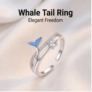 Blue Mermaid Tail Open Ring for Women, S925 Sterling Silver Adjustable Whale Tail Ring with Sparkling CZ, Ocean Inspired Double Band Jewelry, Romantic Summer Beach Gift for Her
