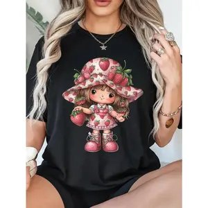 [100% Cotton] Round Neck Short Sleeve T - Shirt For US Women, Breathable, Strawberry - Themed Graphic Pattern, Casual Style, Sweet Vibe, Plus Sizes Aromatherapy  Massage Golf Gift T-Shirt For Men And Women