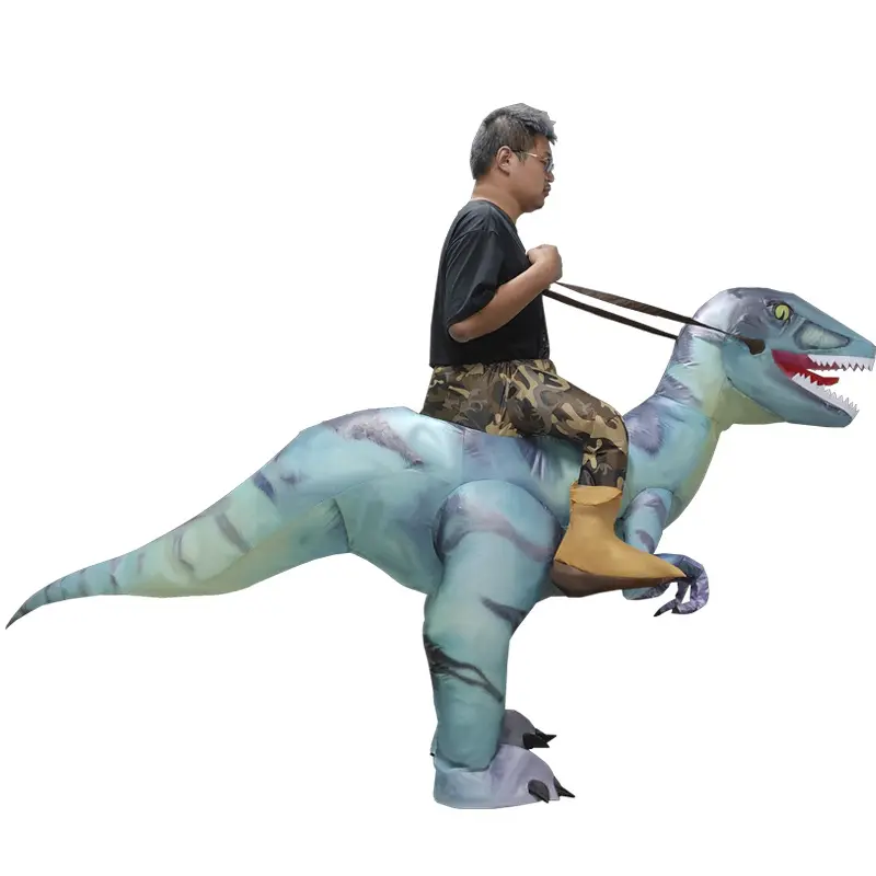 Bright blue Velociraptor inflatable suit