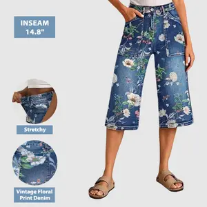 Flamingals Allover Floral Print Patch Pocket High Rise Straight Leg Capri Jeans