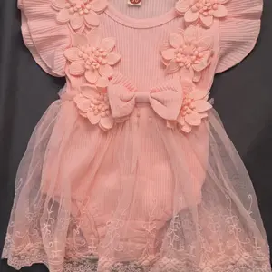 Baby Girl 2 Piece Outfits Mesh Lace Patchwork Ruffle Romper Dress and Headband Cute Fashion Summer Clothes