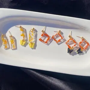 Bright Blossom Dangly Earrings - Yellow or Orange Flower Petal Resin Earrings with Butterflies