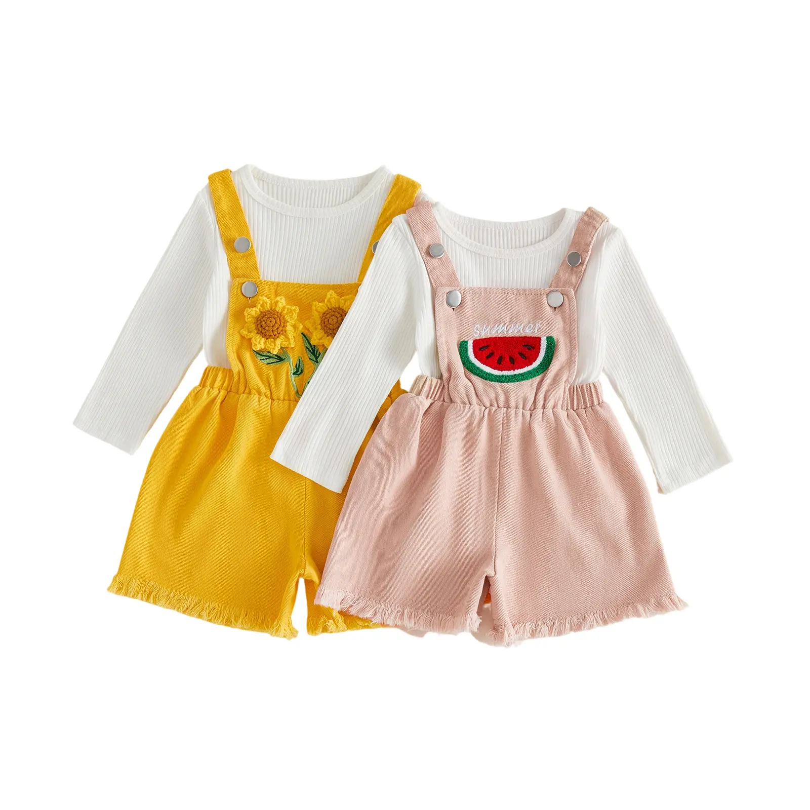 Toddler Baby Little Girls Summer Outfit Solid Ribbed Long Sleeve Tops Crochet Sunflower Overalls Shorts Fall Set 6M-4T