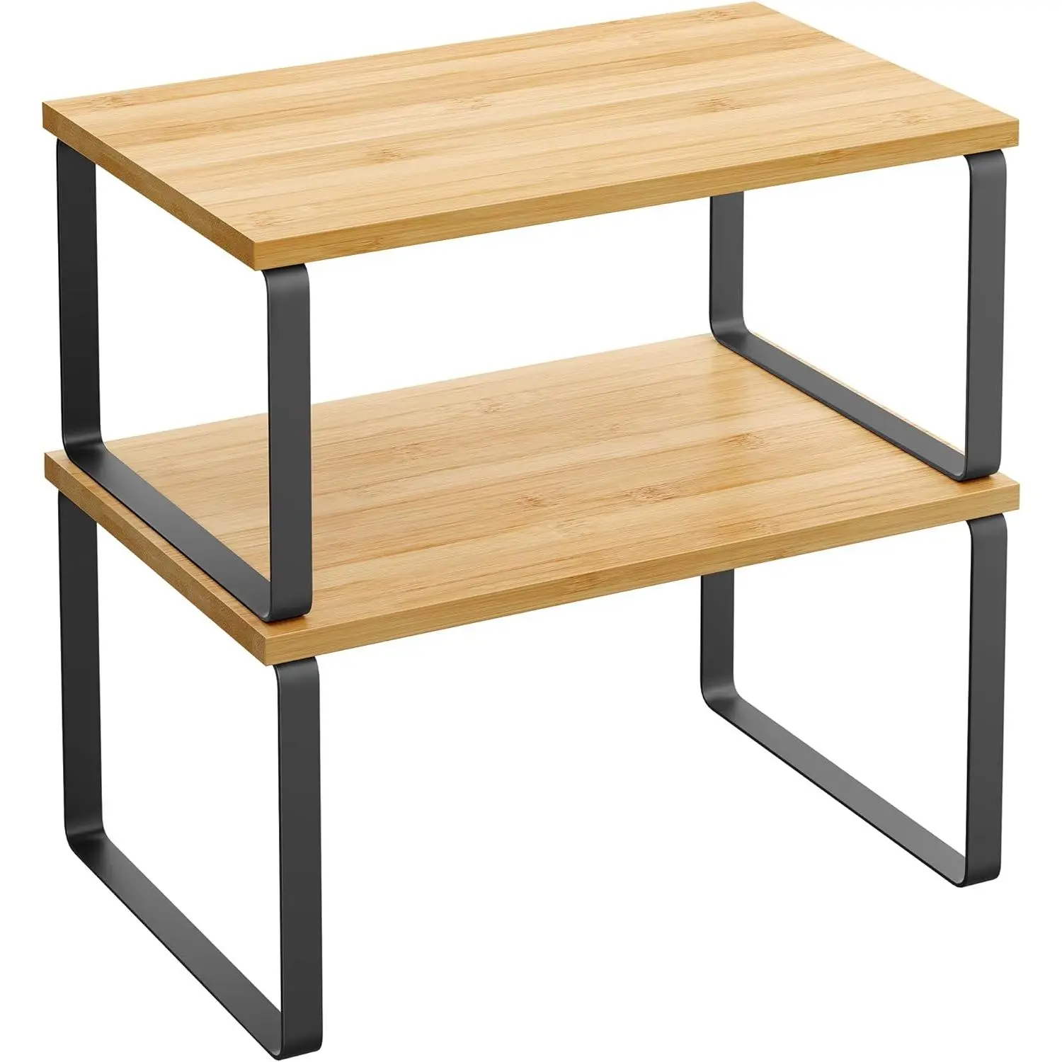 Cabinet Organizer Shelf, Set of 2 Kitchen Counter Shelves, Kitchen Storage, Spice Rack, Stackable, Expandable, Metal and Engineered Wood, Ink Black and Natural Beige