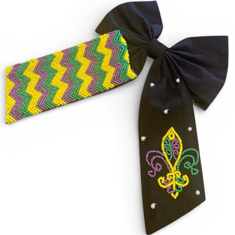 HUGE 9.5" Mardi Gras Beaded Bow Black Purple Green Gold Oversized Hair Clip NOLA Carnival Outfit Accessories Jumbo Fleur De Lis Bow for Fat Tuesday Parade