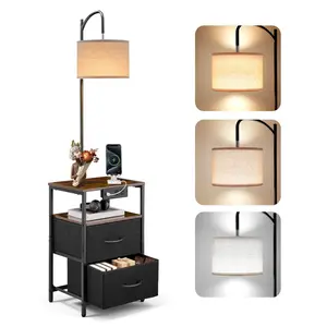 VEVOR Floor Lamp with Table, 2-Tier End Table with 2 Drawers and 3 Color Temperature Lighting, Modern Side Nightstand Bedside Desk with USB Type C AC Charging Port for Living Room, Bedroom, Dorm