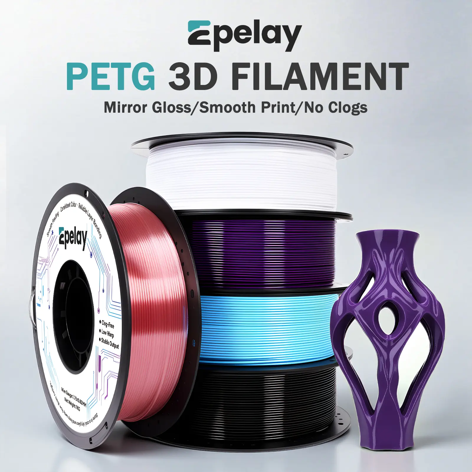 Epelay PETG 3D Printer Filament, 1.75mm, 1kg, Tough, Heat-Resistant, Low Stringing, No-Clog, Mirror Gloss Smooth Print, Compatible with Most FDM 3D Printers,summerwins