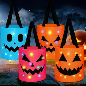 4 Pcs Halloween Candy Bucket with LED Lights Trick or Treat Bags Pumpkin Candy Bags Reusable Tote Bags for Students Adults,Night Light Bags for Home Garden Lawn Decorations,Halloween  inside decor Birthday Christmas Party Favor Supplies