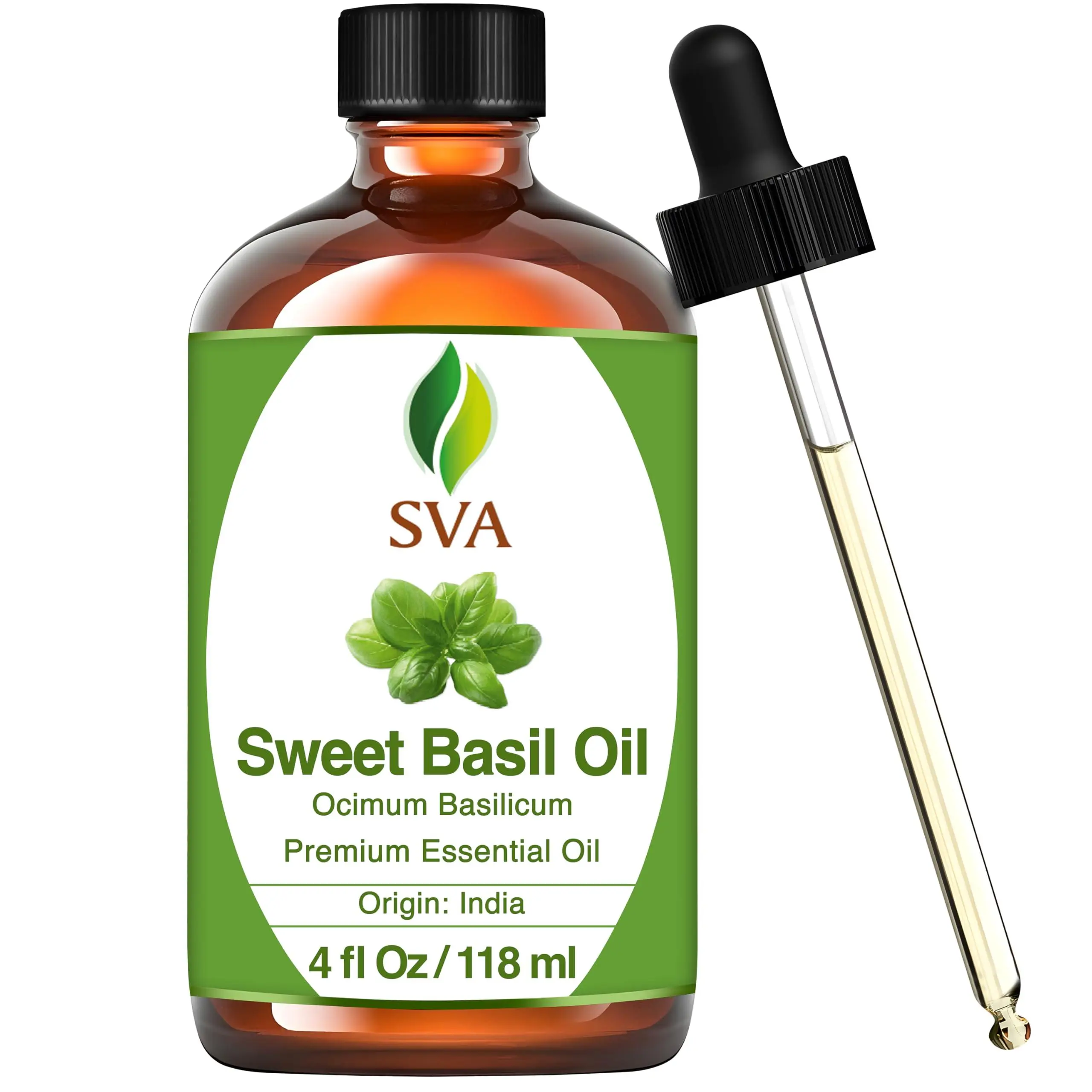 SVA Sweet Basil Essential Oil – 4 Fl Oz – 100% Natural Basil Oil - for Diffuser, Hair Care, Face, Skin Care, Aromatherapy, Scalp and Body Massage, Soap and Candle Making – with Dropper