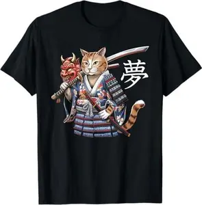 Samurai Cat Vintage Ukiyo-e Warrior Kanji Japan Anime Ink T-Shirt