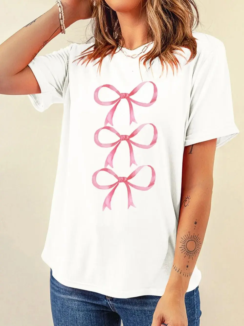 Women's Crew Neck Bow T-Shirt, Pink Cute Girly Aesthetic Top, Casual Elegance Tee