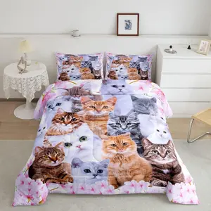Cartoon Cat Luxury Bedding Set,Cute Animal Flowers Comforter Set,Pet Cat Lovers Pink Comforter,Various Categories Cat Decor Quilt Set
