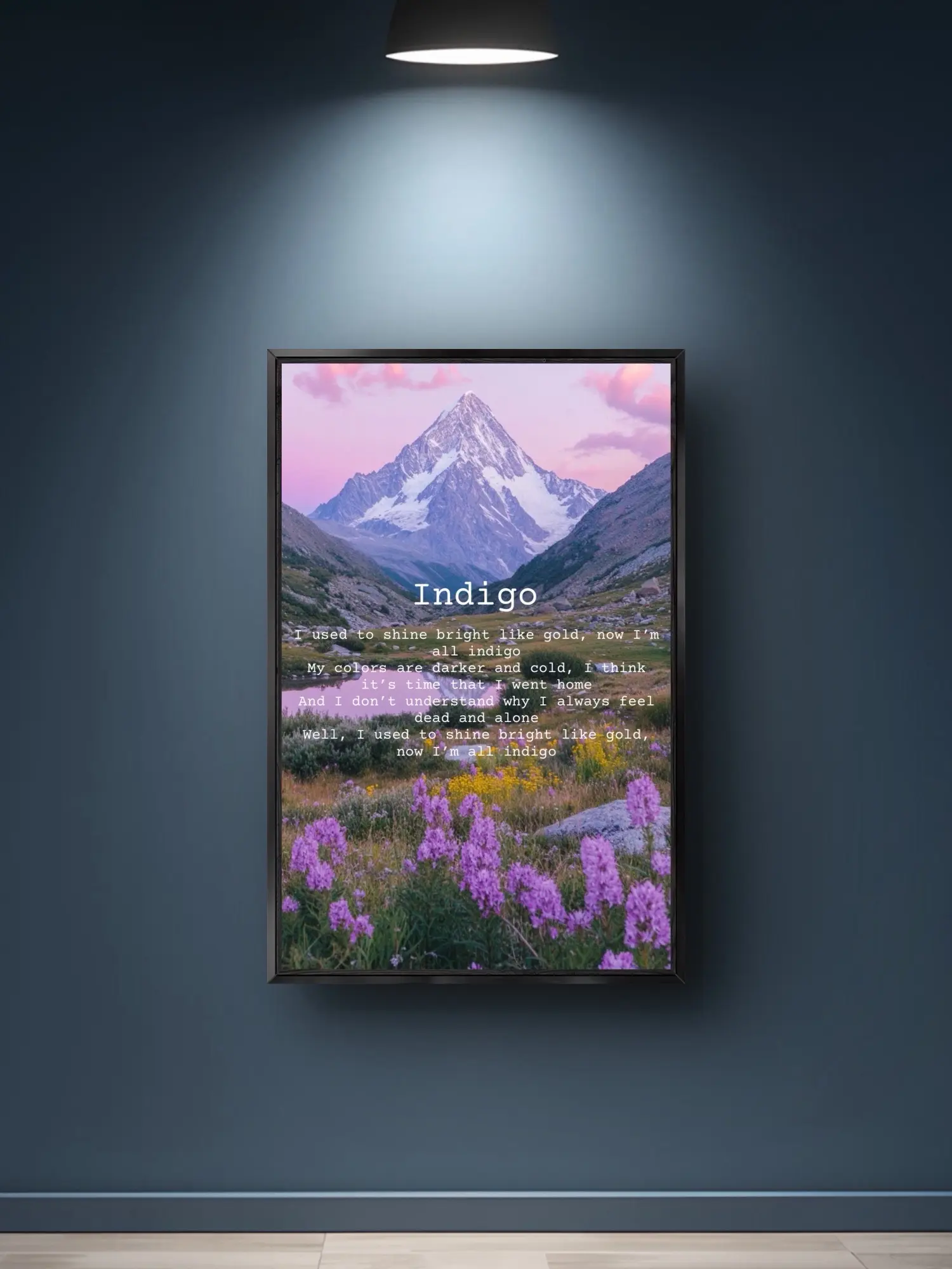 Sam Barber Poster Print, Indigo Lyrics Mountain Poster Matte Vertical Poster | Purple Floral Landscape, Country Music Wall Art