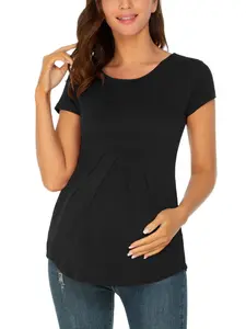 Ecavus Women’s Maternity Short Sleeve Round Neck Peplum Tunic Top with Front Pleat Pregnancy Shirts, Maternity Clothing, Slim-Fitting