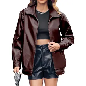 Womens Oversized Leather jacket Lapel Bomber Coat Classic Casual Zip Up Warm Fall Winter Clothing 2024