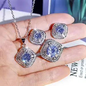 synthetic Moissanite square ring with loose cut gemstone set with large zircon earrings pendant clavicle necklace jewelry set