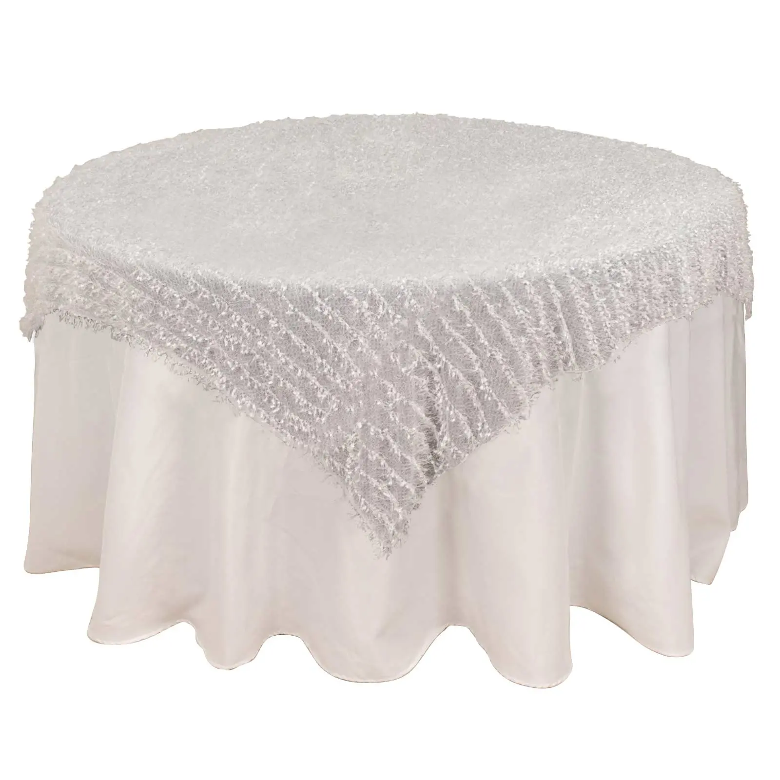 White Fringe Shag Polyester Square Table Overlay, 72"x72" Tablecloth for Wedding, Party Decoration & Stylish Celebrations, Shag Design