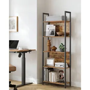 Storage Shelf, Bookshelf With 5 Shelves, Steel Frame, For Living Room, Entryway, Office, Industrial Style, Rustic, 24.4"L X 9.4"W X 65"H (62 X 24 X 165 Cm), Black, Grey, Brown Triple Wide Modern