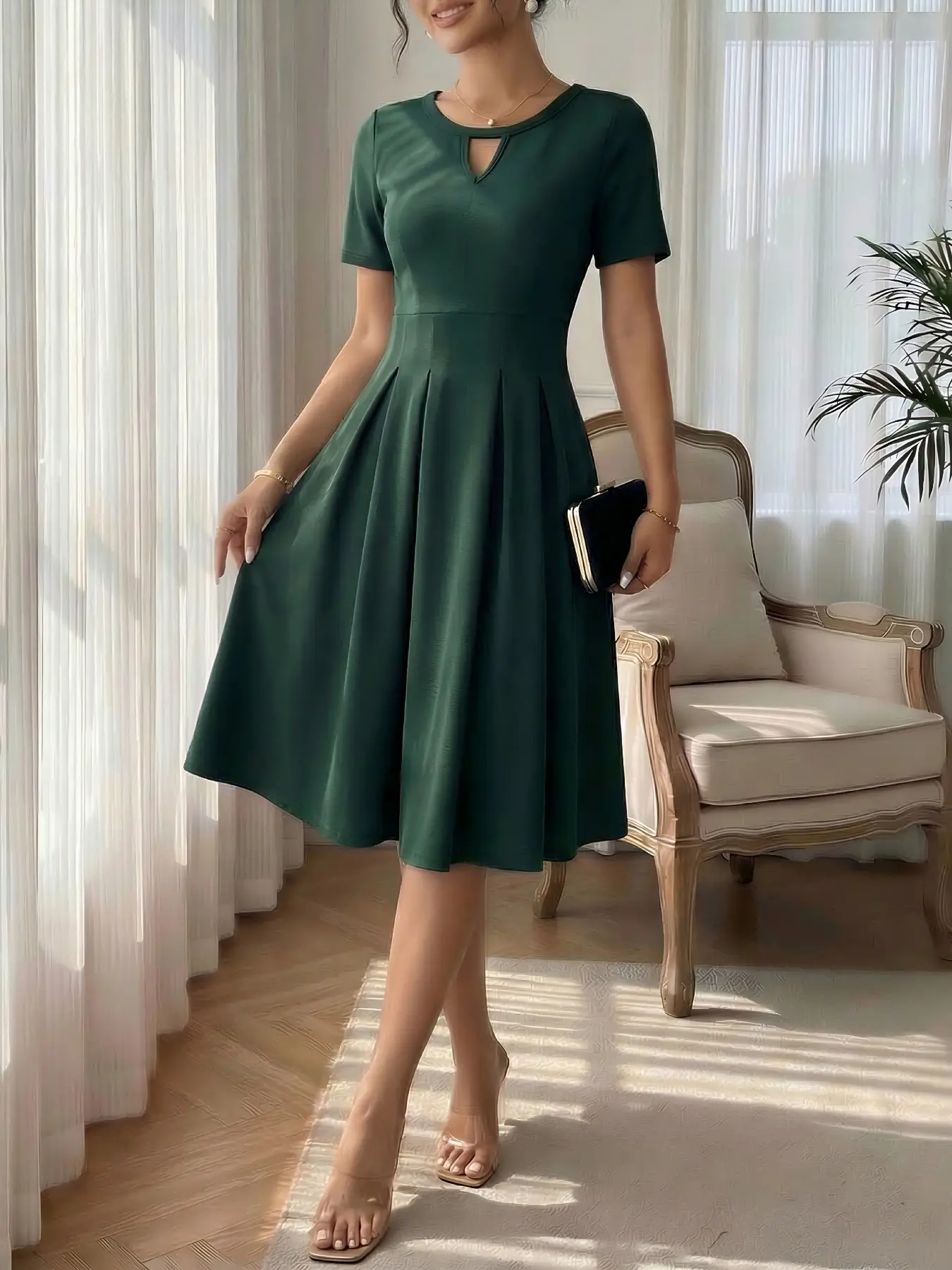 Women's Solid Color Party Hollow Out Neck A-Line Dress, Womenswear, Medium Length, Formal Wear, Elegant, Stylish, Formal and Chic, Perfect for Parties and Gatherings