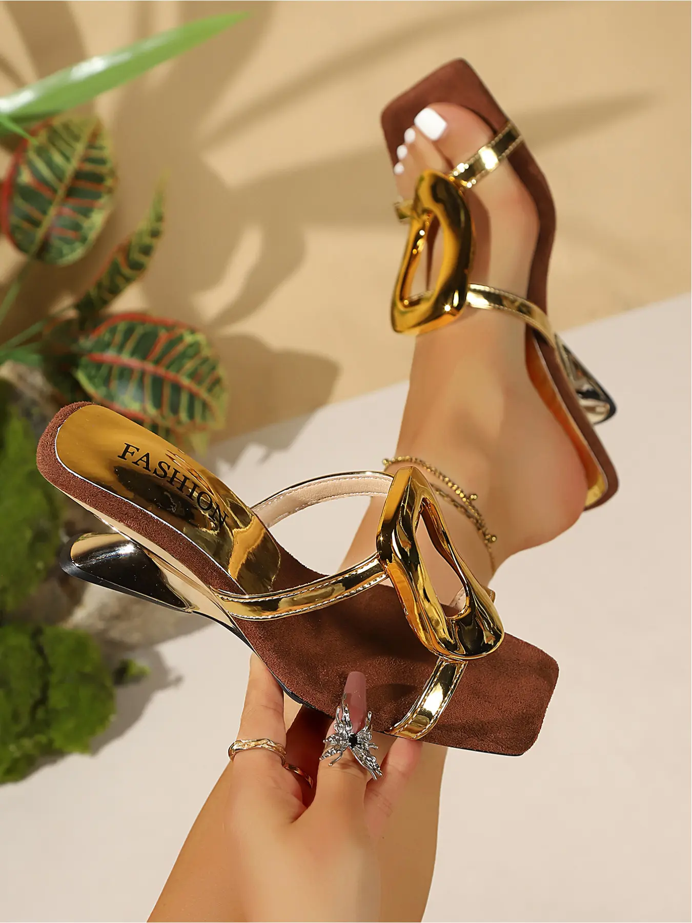 Women's double strap metal slides, square toe irregular heel, comfortable versatile shoes for all occasions, Elegant Minimalist Sandals, Classy Elevated Sandals