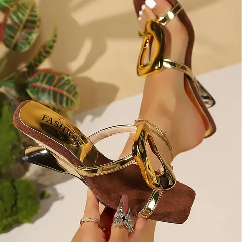 Women's double strap metal slides, Sandal, square toe irregular heel, comfortable versatile shoes for all occasions