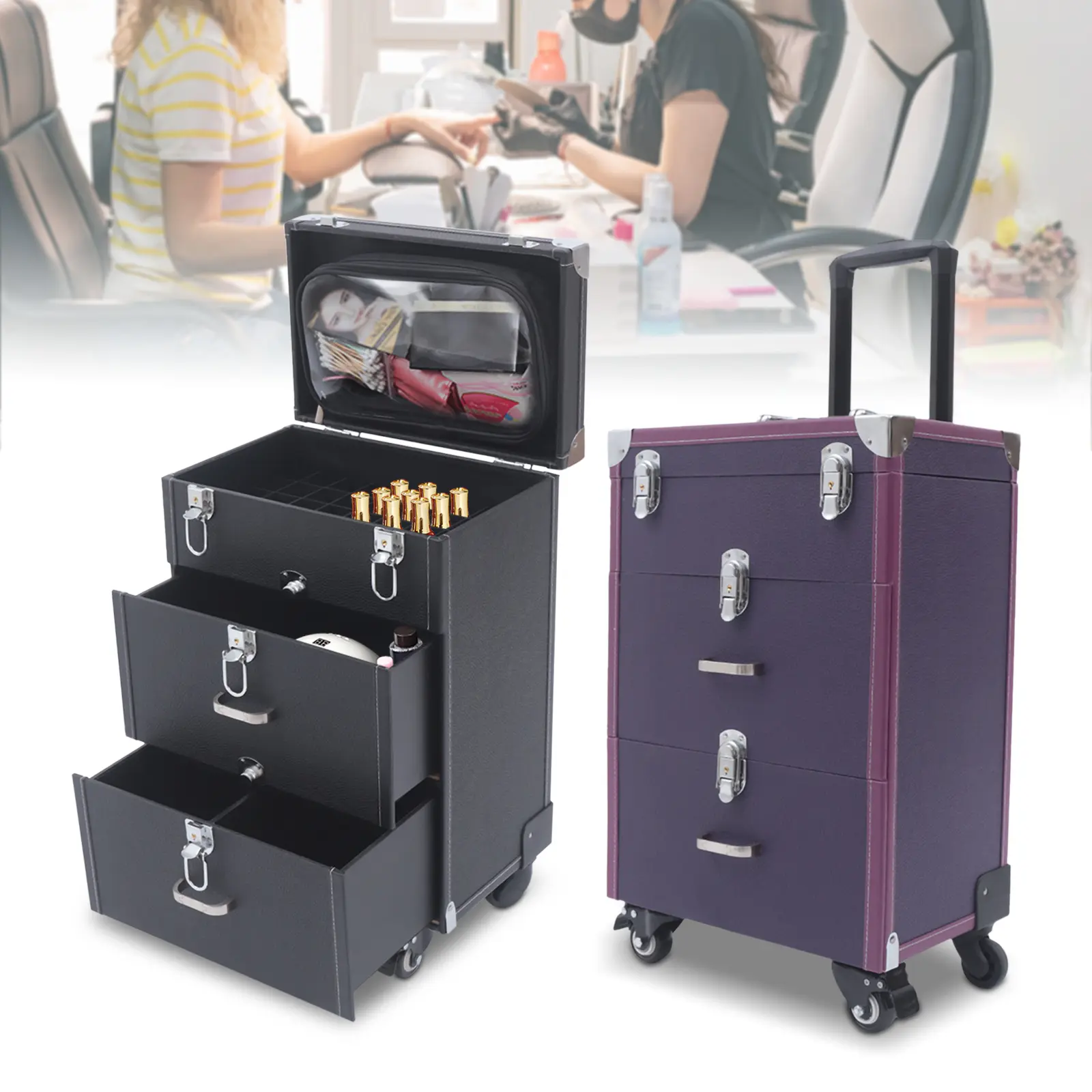 CNCEST Chic Large Lockable PU Leather Colorblock Rolling Multi-Function Makeup Case - Travel Cosmetic Bag, Makeup Container Set with Hair Dryer Holder, Combination Locks, Metal Latches, Telescopic Rod Luggage Trolley for Travel, Wedding Use