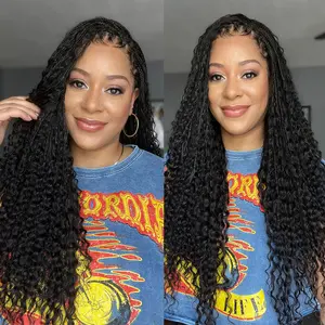 Human Hair Braided HD Full Lace Wigs Knotless Box Boho Braids Wig Pre Plucked with Baby Hair Curly End 250% Density For Black Women