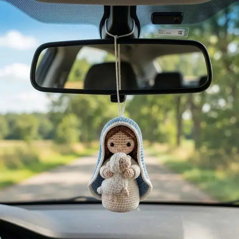 Virgin Mary With Lamp Crochet Ornament, Blessed Mother Car Charm, Handmade Catholic Keepsake, Baptism and Christmas Gift