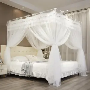 Bed Layer 4 Corners Post Lace Up Ruffle Drape Netting 4 Opening Net for Girls Bedroom Decoration (White, 53" W*78" L*82" H/Full)